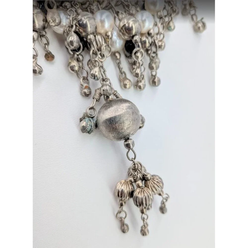 Statement Bib Necklace Silver Tone Faux Pearl Black Bead Cha Cha Charm 19 Inch